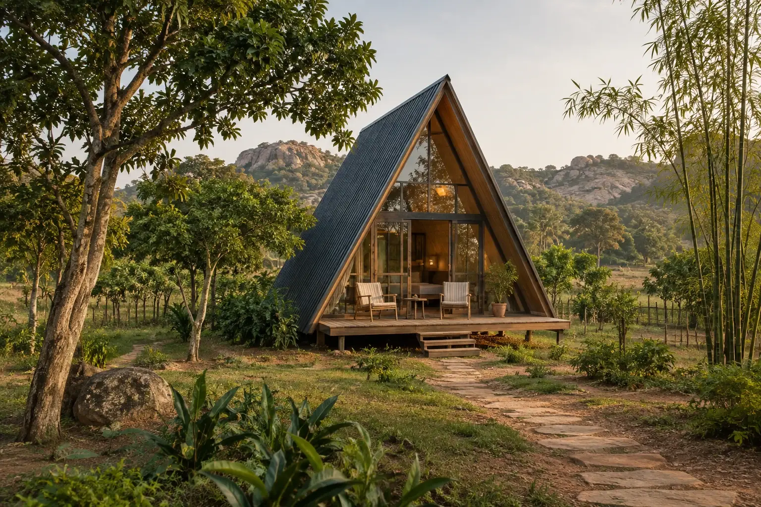 A timber A-frame cottage with a small deck among trees and bamboo.