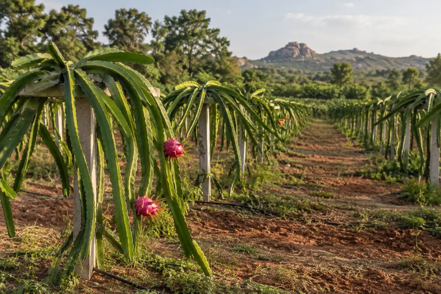 Rows of dragon fruit cactus on concrete posts, two ripe magenta fruits in front.