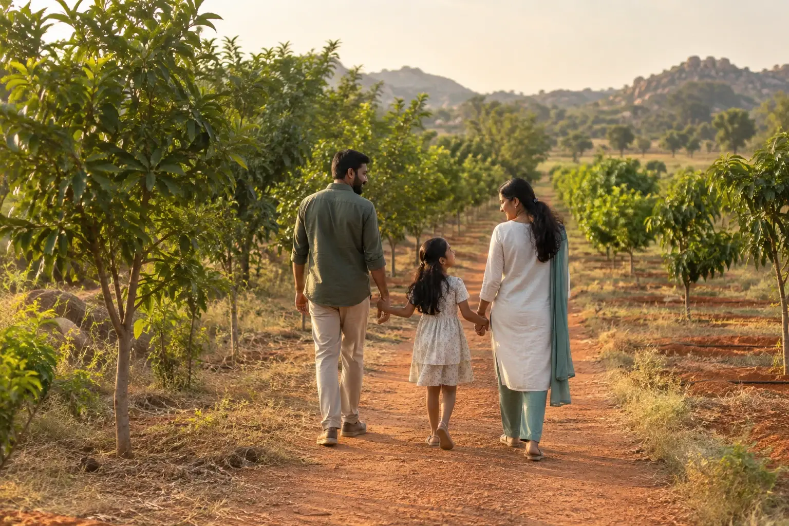 A family walking hand in hand between young fruit trees on a red-earth farm path.