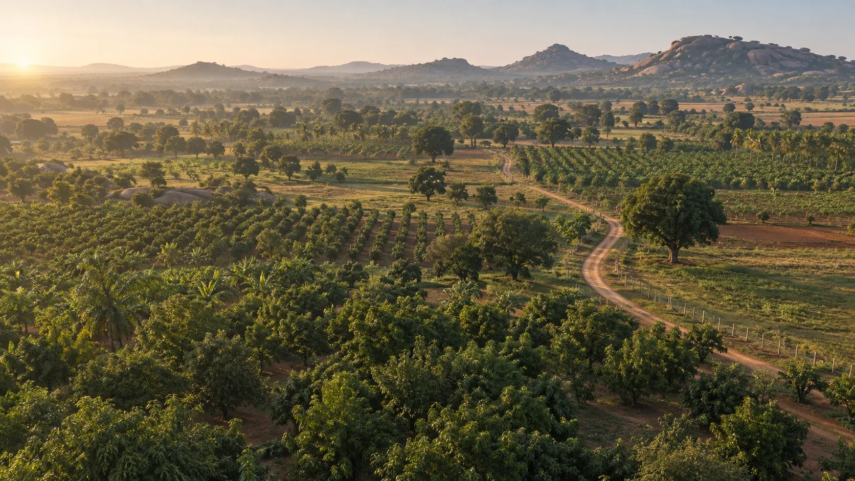 Planted farm rows and an earthen track winding towards low granite hills at sunrise, Bagepalli.