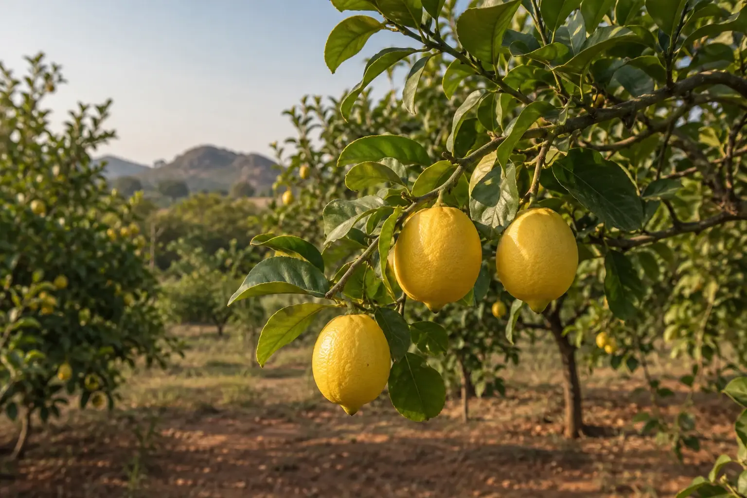 A branch heavy with three ripe yellow lemons in an orchard.