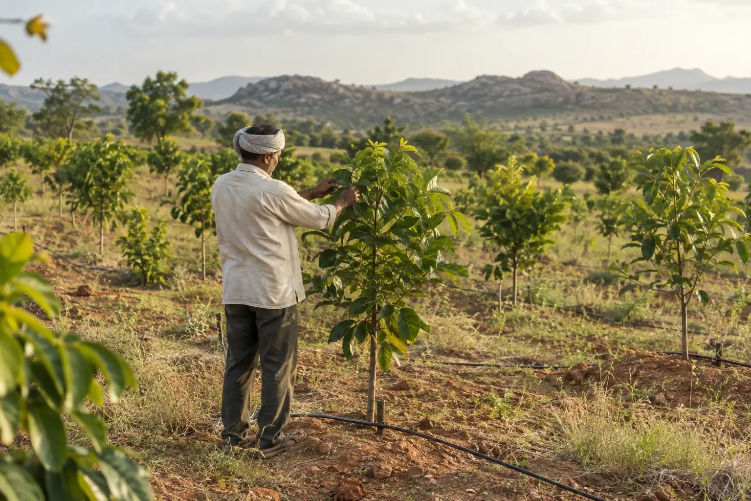 A farm hand checking the leaves of a young plantation tree beside a drip irrigation line.