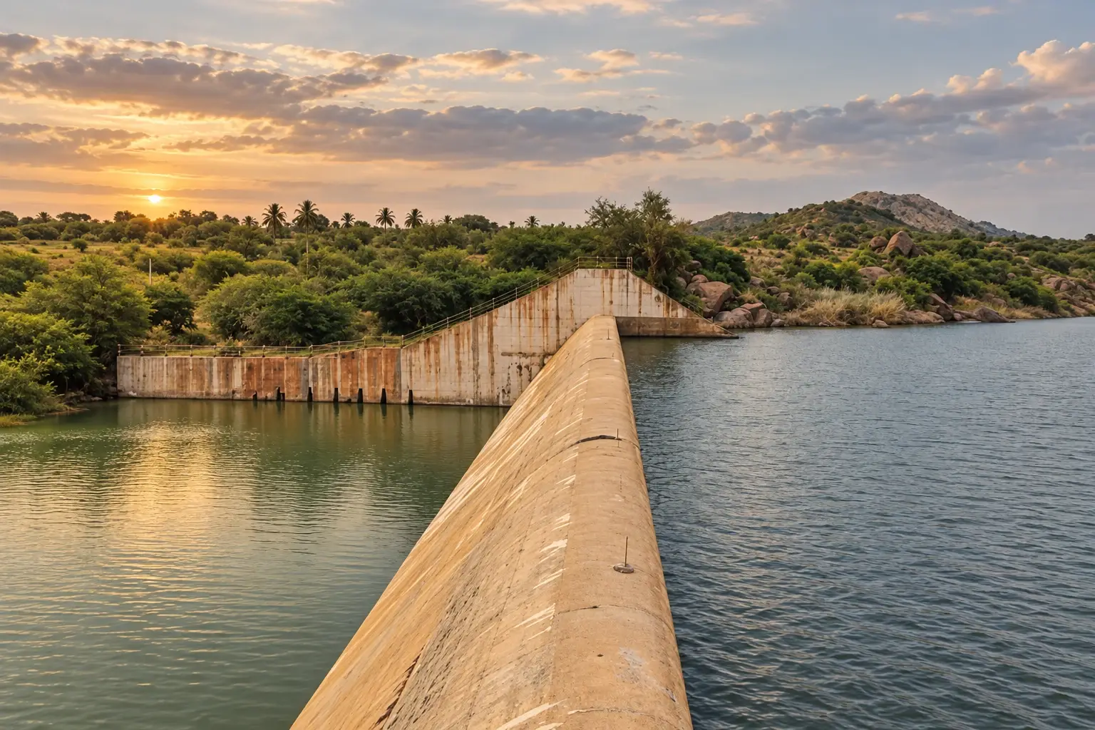 Chitravathi Dam and its reservoir at sunset.