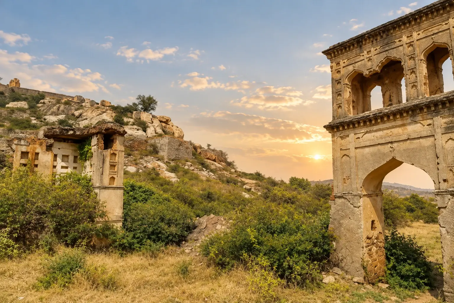 The stone gateway of Gummanayaka Fort on a rocky hill.