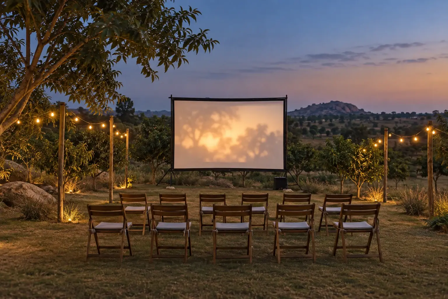 An outdoor movie lawn at dusk with rows of wooden chairs and string lights.
