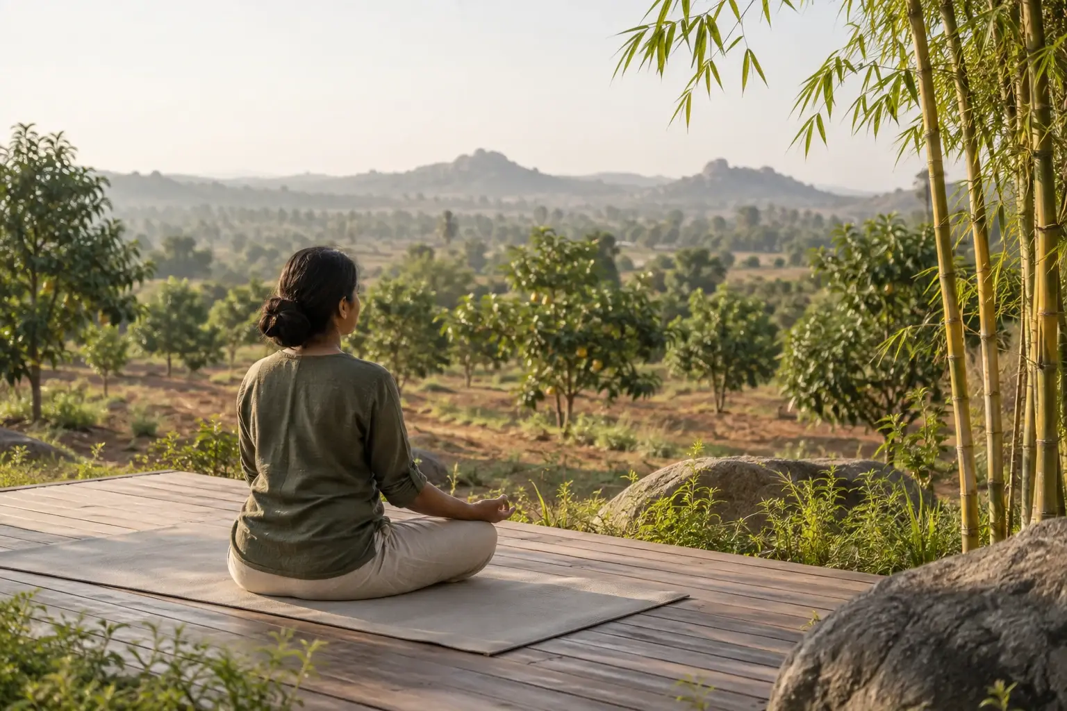 A woman meditating on a timber deck looking out over planted trees.